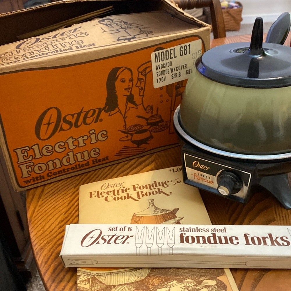 Oster Electric Control Fondue Set 681 Steel Forks Harvest Green Vintage 70’s